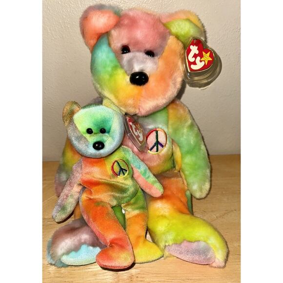 ty Peace Beanie Babies 1999 Buddies 1996 Tie Dye Rainbow Bear Set MWMT - Picture 16 of 16
